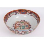 Late 18th century Chinese export Mandarin palette punch bowl with painted figure reserves on orange,