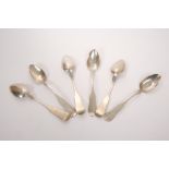Set of six 19th century American silver tablespoons in a variation of fiddle pattern,