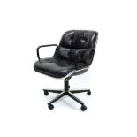 Eames-style button leather and chrome swivel desk chair on five spread supports and castors