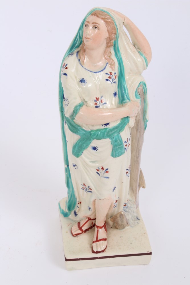 Pair early 19th century pearlware square based figures depicting Faith and Hope - one holding - Image 6 of 8