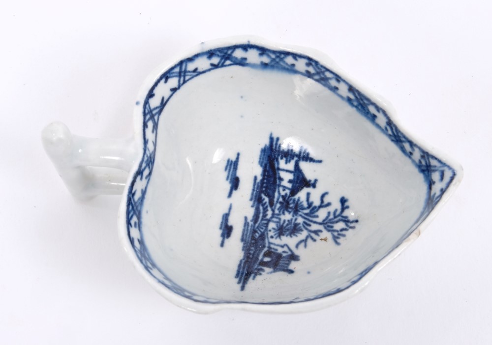 18th century Lowestoft blue and white leaf-shaped butter boat with landscape decoration and hatched