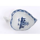18th century Lowestoft blue and white leaf-shaped butter boat with landscape decoration and hatched
