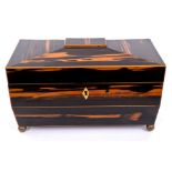 Regency Coromandel tea caddy of sarcophagus form, with flanking drop-leaf handles,