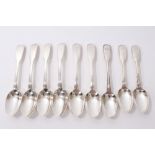 Group of nine Victorian silver fiddle and thread pattern teaspoons (various dates and makers).