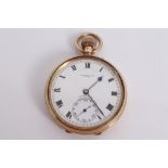 Gentlemen's 9ct gold open face pocket watch with English three-quarter plate movement, by J.
