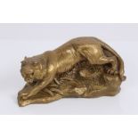 Antique gilt metal sculpture of a prowling tiger, on naturalistic plinth base, possibly Japanese,