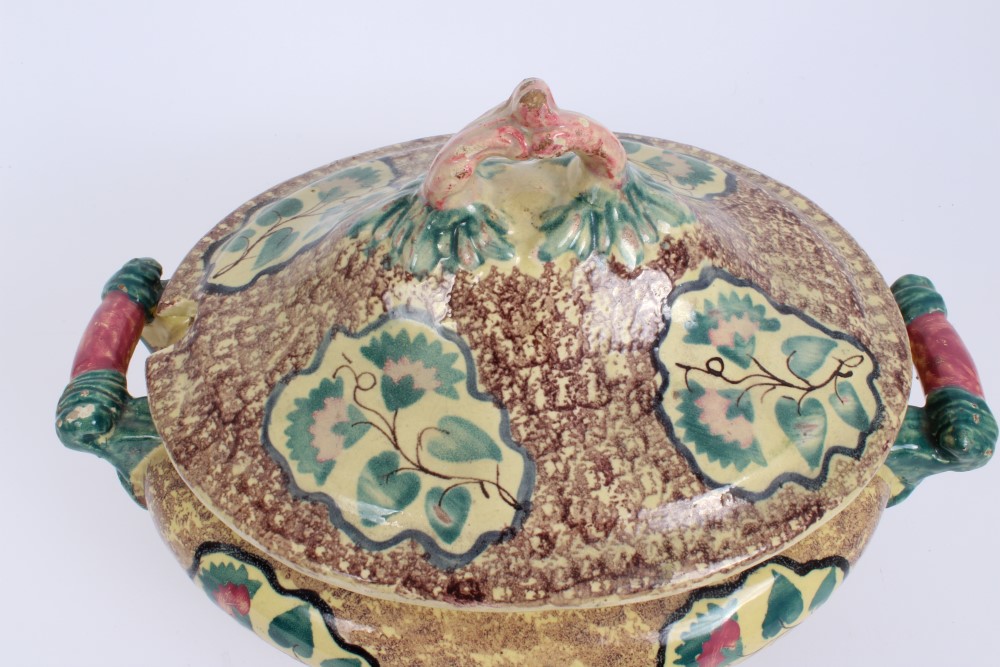 Early 19th century Continental faience oval tureen and cover with floral reserves on brown mottled - Image 2 of 8