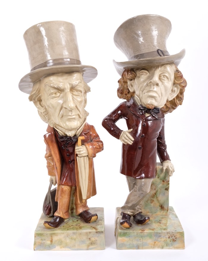 Fine pair Victorian Wayte & Ridge pottery caricature political figures of Benjamin Disraeli and