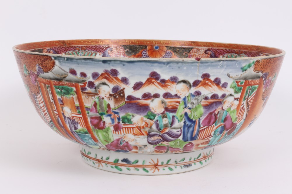 Late 18th century Chinese export Mandarin palette punch bowl with painted figure reserves on orange, - Image 3 of 9