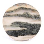 Chinese dream stone marble tablet of polished disc form - with five-character script mark beside