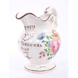 19th century Swansea-type pottery jug with painted inscription - 'Mary Tregunna Ruan 1837',