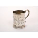 Victorian silver christening mug of cylindrical form, with scroll handle and gilded interior,