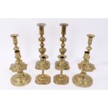 Pair 18th century engraved brass candlesticks with turned columns and three pairs of other antique