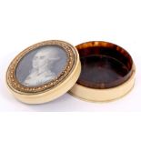 Early 19th century French ivory and portrait miniature inset box and cover,