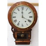 19th century drop-dial wall clock with painted dial in inlaid rosewood case,