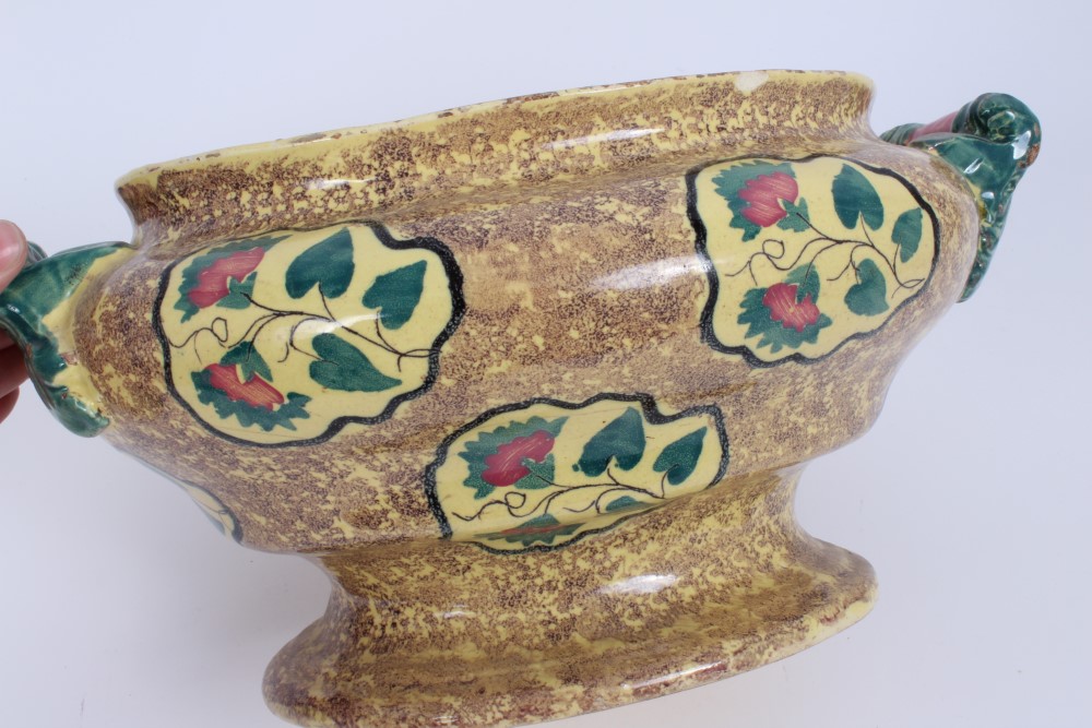Early 19th century Continental faience oval tureen and cover with floral reserves on brown mottled - Image 6 of 8