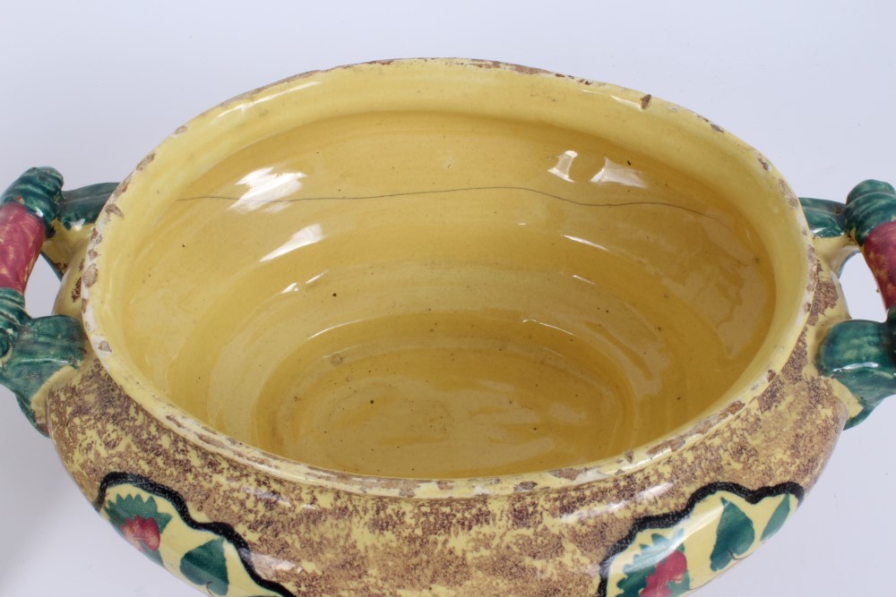 Early 19th century Continental faience oval tureen and cover with floral reserves on brown mottled - Image 4 of 8