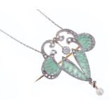 Edwardian Art Nouveau diamond, pearl and plique-à-jour enamel pendant necklace,