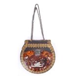 19th century tortoiseshell mother of pearl inlaid and leather mounted clutch bag with bird and