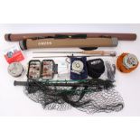 Quantity of trout fly fishing tackle including two rods, one a Wychwood 8 foot 6 inch #4-5,