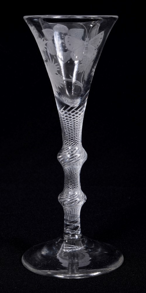 Georgian wine glass with rose and butterfly engraved trumpet bowl on double knopped air-twist stem