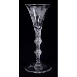 Georgian wine glass with rose and butterfly engraved trumpet bowl on double knopped air-twist stem
