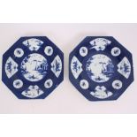 Pair 18th century Bow blue and white octagonal plates, circa 1765,