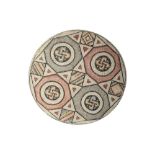 Ancient Roman-style mosaic panel of circular form, finely inlaid with tesserae,