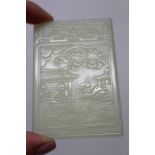 Chinese carved celadon jade plaque rectangular form,