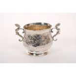 William IV silver two-handled porringer with floral and scroll chased decoration,