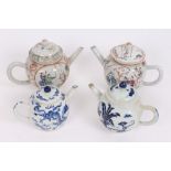 Two 18th century Chinese export polychrome teapots and covers and two blue and white teapots and