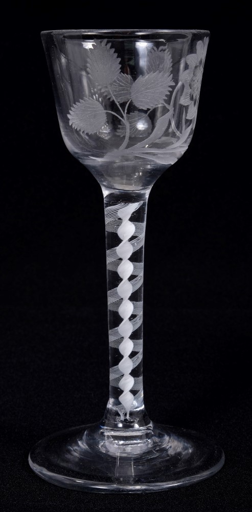 Georgian cordial glass with rose engraved conical bowl on double opaque-twist stem on splayed foot,