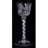 Georgian cordial glass with rose engraved conical bowl on double opaque-twist stem on splayed foot,