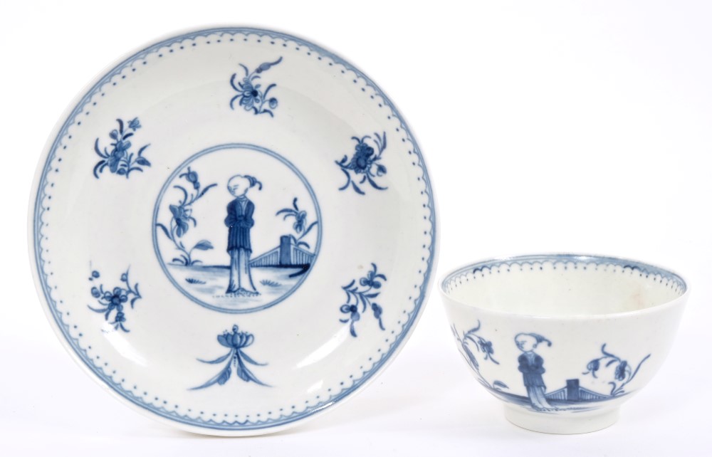 18th century Worcester blue and white Waiting Chinaman pattern small tea bowl and saucer,