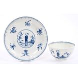 18th century Worcester blue and white Waiting Chinaman pattern small tea bowl and saucer,