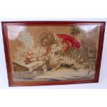 Two Victorian wool work embroidered panels in glazed frames depicting cats and monkeys,