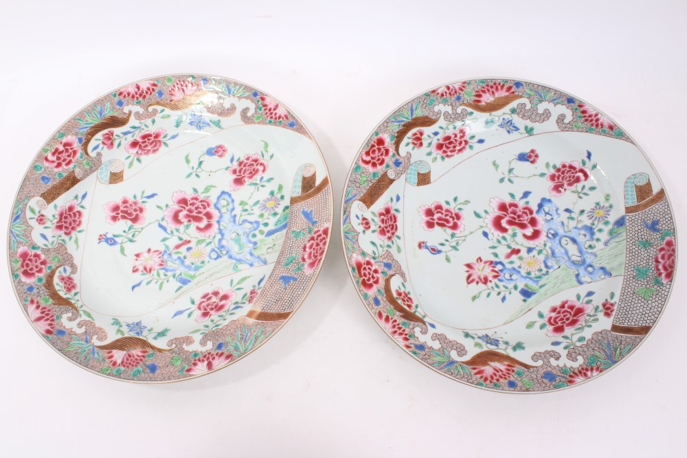 Fine pair mid-18th century Chinese export famille rose chargers painted in bold enamels with - Image 2 of 15