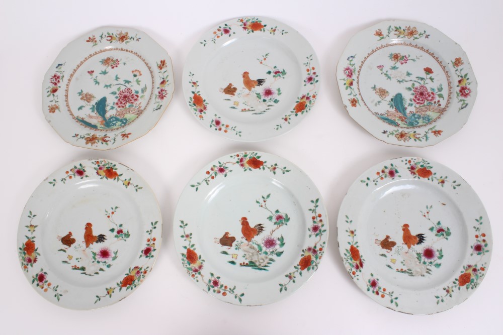 Set of four mid-18th century Chinese export famille rose plates painted with cockerels and flora