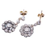 Pair Edwardian diamond cluster pendant earrings,