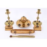 Victorian brass and banded agate cabochon studded desk set - comprising pair candlesticks, inkwell,