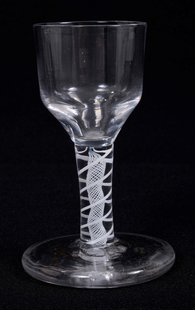Georgian toasting glass with conical-shaped bowl, short double opaque-twist stem on thick foot, 10.