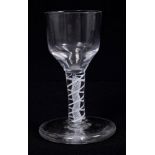 Georgian toasting glass with conical-shaped bowl, short double opaque-twist stem on thick foot, 10.