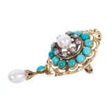 Victorian diamond, turquoise and cultured pearl brooch,