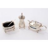 Three piece silver cruet set of cauldron form, with gadrooned borders, on scroll feet,