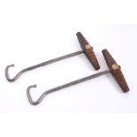 Pair of 19th century oak and steel 'London Bridge' boot-pulls of typical form,