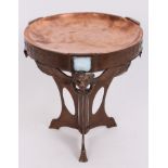 Early 20th century French copper tazza with dished top with moulded iridescent glass insets and