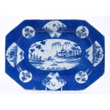 18th century Bow blue and white octagonal meat plate with painted chinoiserie landscape and floral