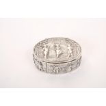 Late Victorian silver snuff box of oval form, with hinged cover and gilded interior,