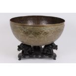 Large late 19th century Indian Benares brass bowl with floral engraved decoration, 46.