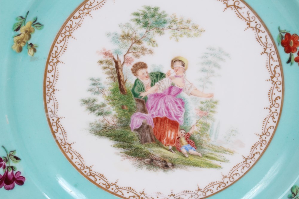 Two 19th century Meissen outside decorated plates painted with romantic figures and floral sprigs, - Image 2 of 8